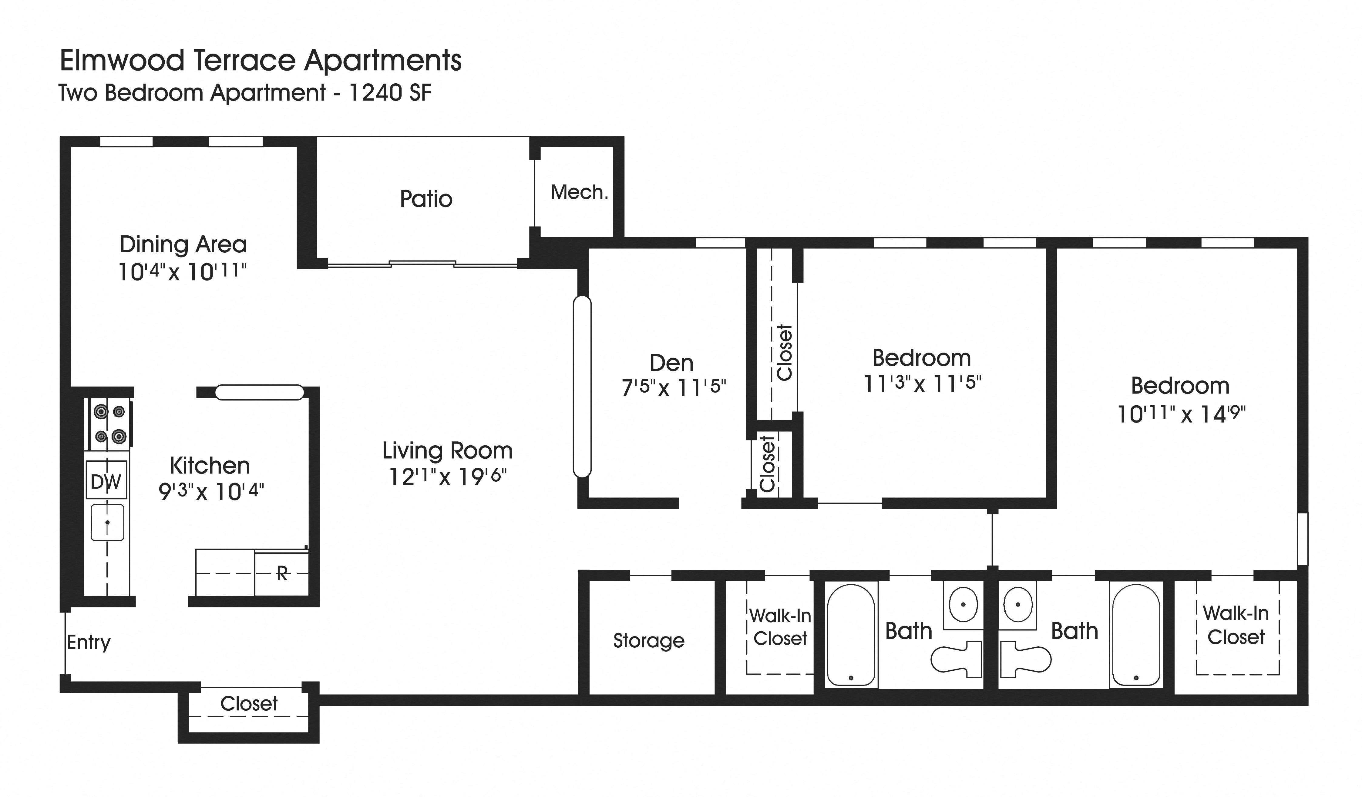 Floor plan for 2 beds, 2 baths, 1240 sqft
